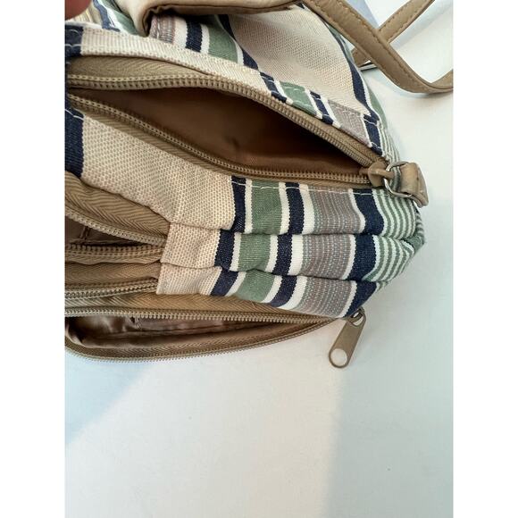 MultiSac Zippy Tan Green Blue Striped Triple Compartment Crossbody Shoulder Bag - Picture 15 of 15